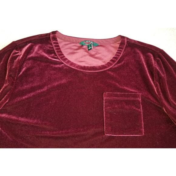 Womens Top-LAUREN RALPH LAUREN-maroon stretch velour pullover Holiday ss-M - Picture 3 of 4